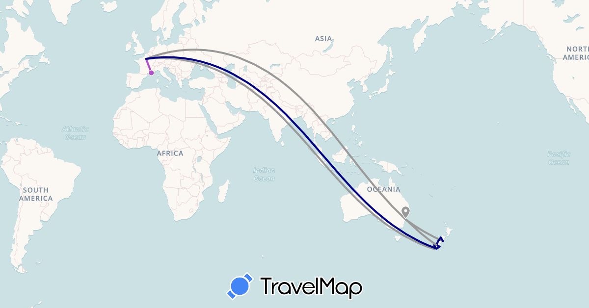 TravelMap itinerary: driving, plane, train, boat in Australia, France, New Zealand (Europe, Oceania)