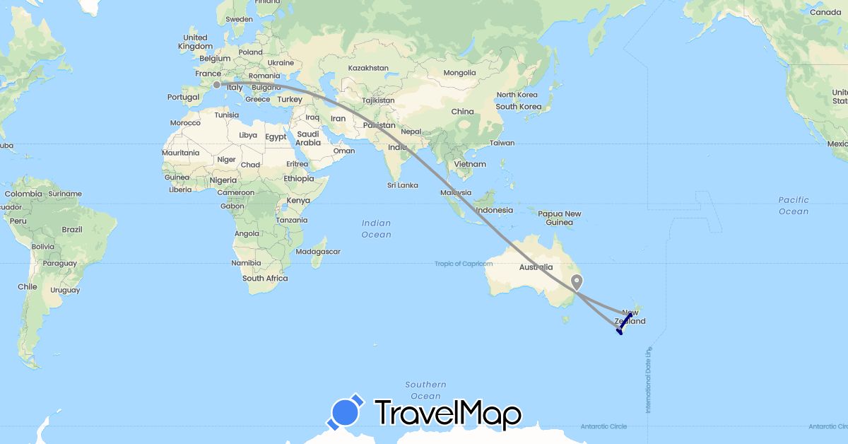 TravelMap itinerary: driving, plane in Australia, France, New Zealand (Europe, Oceania)